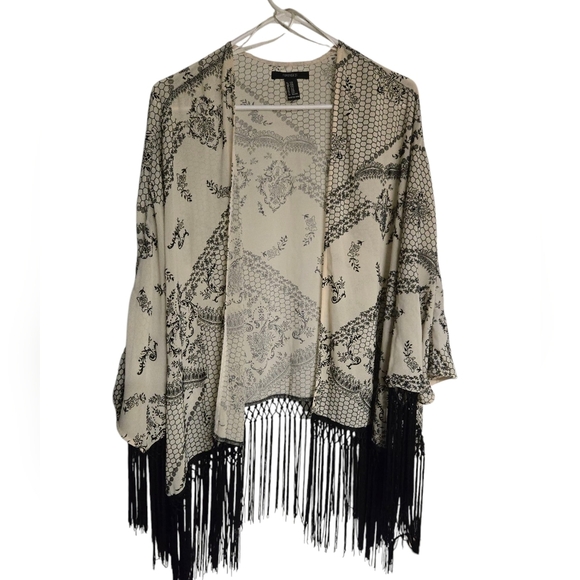 Forever 21 Sheer Kimono 3/4 Sleeve Fringe Open Top S/M - Picture 1 of 6
